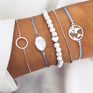 Blue Silver Minimalist Marble Bracelet Set